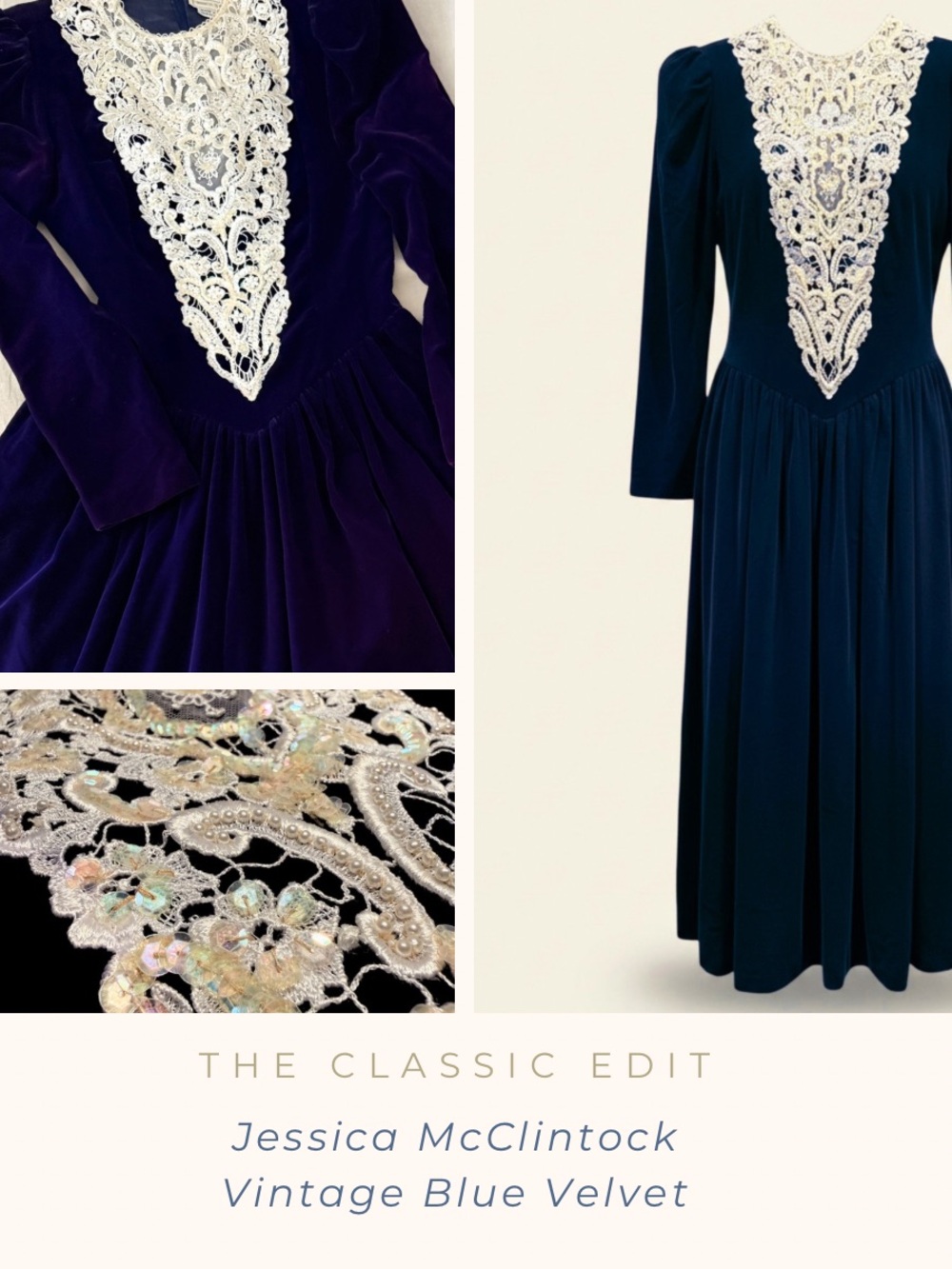 Vintage 1990 Jessica McClintock Blue Velvet Dress | Lace Bib | Tea Length